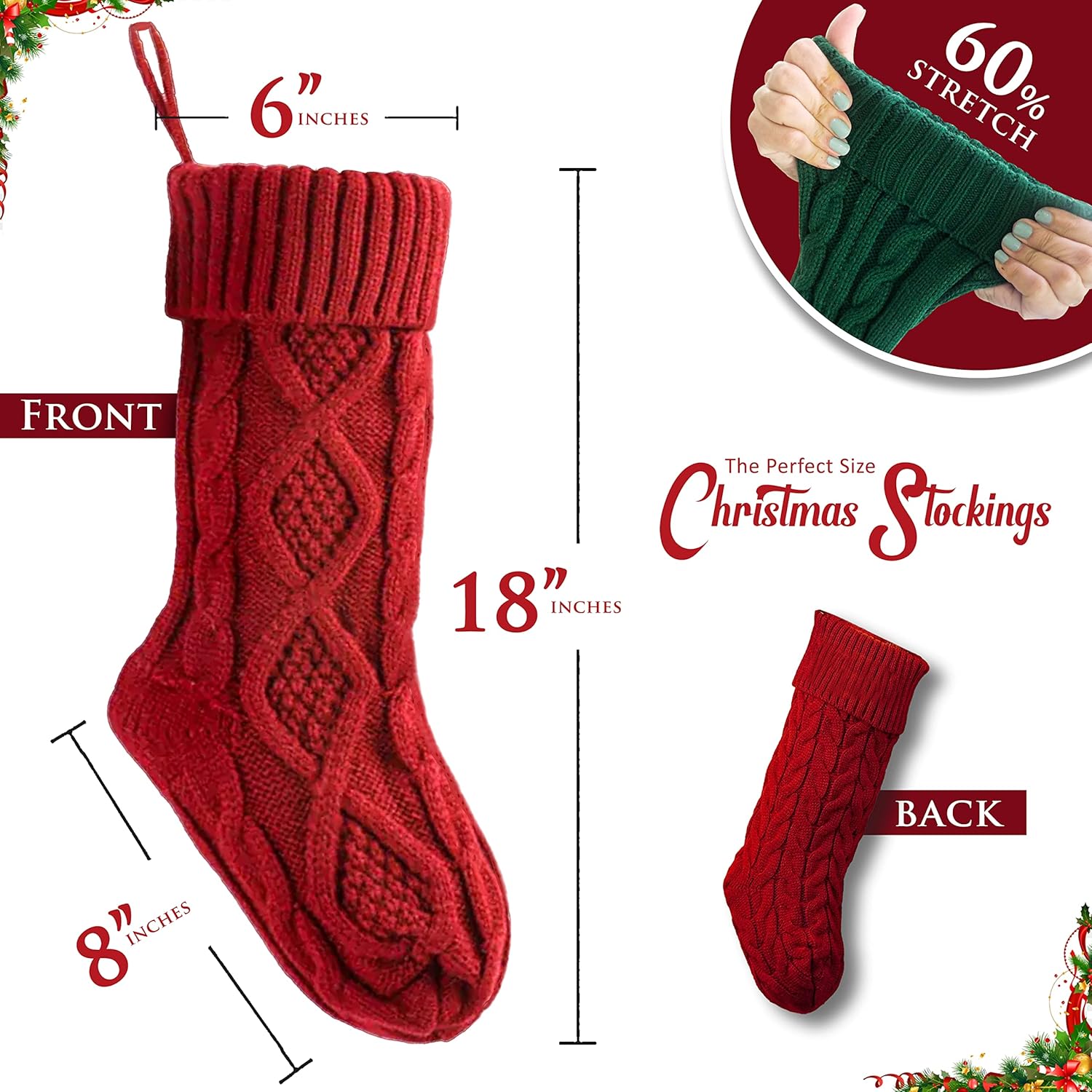 RFAQK 18 Inches Large Christmas Stockings 4 Pack - Burgundy Red, Ivory White, Green - Stretchable Knitted Xmas Stockings with 50Pcs Personalizeable Gift Tags for Family Holiday Christmas Décor